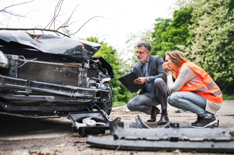 An insurance agent and a woman driver looking at the car on the road after an accident. stock photo